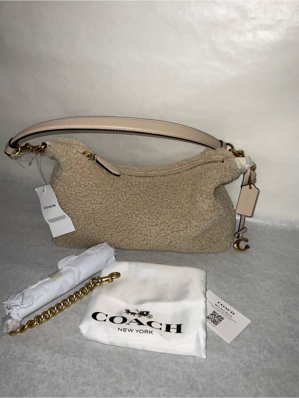 Coach Beige Shearling Shoulder Bag with Pale Leather Strap